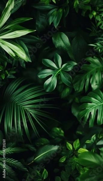 Fototapeta Tropical Green Leaves Texture Background, Natural Foliage Pattern. Lush, Exotic Jungle Aesthetics.