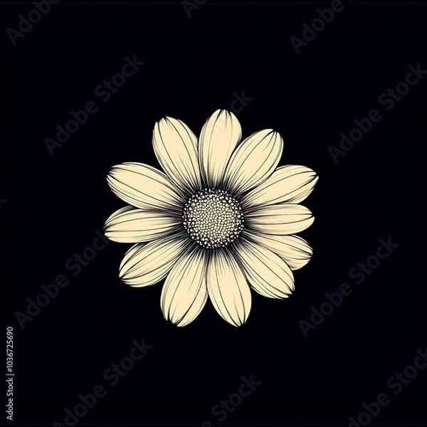 Fototapeta A single, simple, yellow daisy flower, outlined in black, with black background.