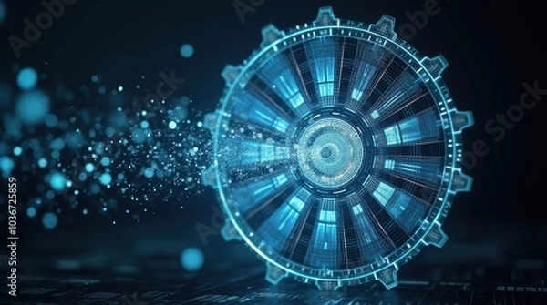 Obraz The traditional Wheel of Dharma is reimagined as a metallic glowing wheel floating against a background.