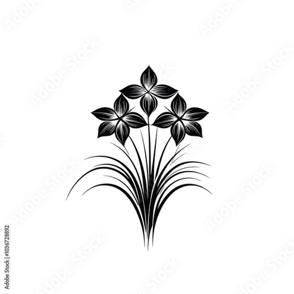 Fototapeta A stylized illustration of three black flowers with green leaves on a white background.