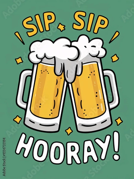 Fototapeta Cartoon beer mugs clinking with foam, featuring a celebratory "Sip Sip Hooray" message.