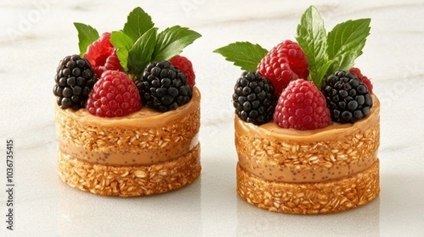 Fototapeta Two stacked oat desserts topped with raspberries and blackberries on a marble surface 