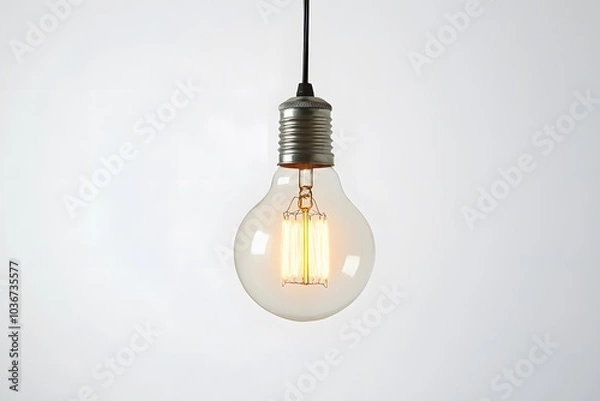 Fototapeta A Single Edison Bulb Hanging Against a White Background