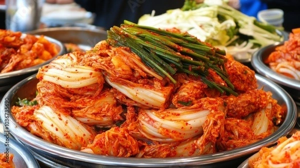 Fototapeta Vibrant Kimchi in Traditional Korean Kitchen Setting