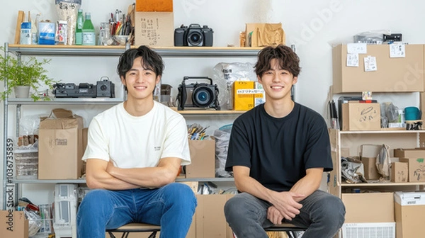 Fototapeta 二人のYouTuber男性録画風景。Generative AI