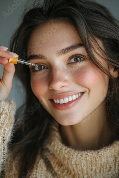 Obraz Smiling woman applying face serum with a dropper in a studio, Generative AI