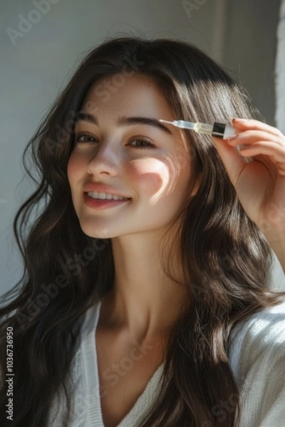 Obraz Smiling woman applying face serum with a dropper in a studio, Generative AI