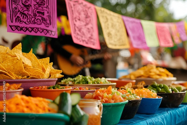 Fototapeta Mexican street food display with colorful papel picado and fresh ingredients