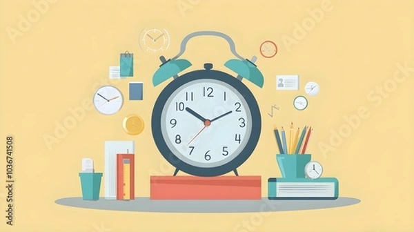 Fototapeta Alarm Clock with Office Supplies and Time Management Concept