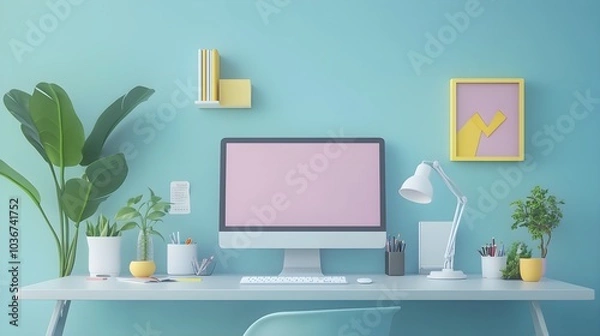 Fototapeta Modern Home Office Desk with Computer and Plants