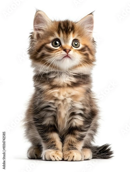 Fototapeta Chubby Cheeked Fluffy Kitten Sitting with Curious Expression on White Background