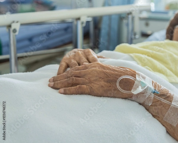Obraz Close up intravenous saline for injection plug in hand of elderly patient lying in the hospital bed room