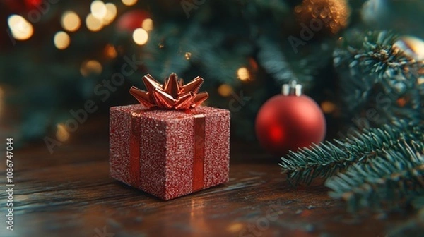 Fototapeta Holiday Cheer and Warmth-Under the Christmas Tree: Festive Christmas Tabletop, Cozy Christmas Setup, Christmas Gift and Decorations