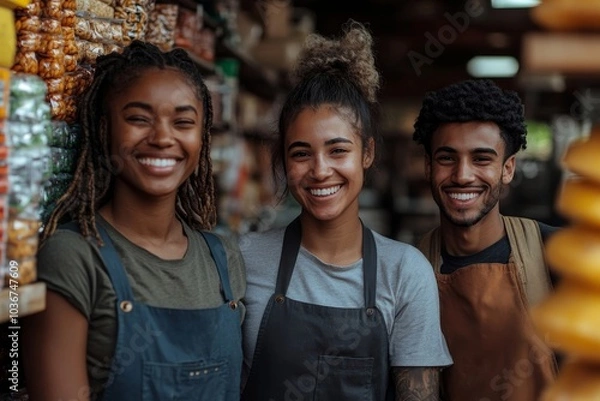 Obraz Happy store employees standing in front of their grocery store, Generative AI