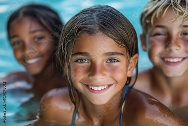 Fototapeta Young friends enjoying a day at beach, Generative AI