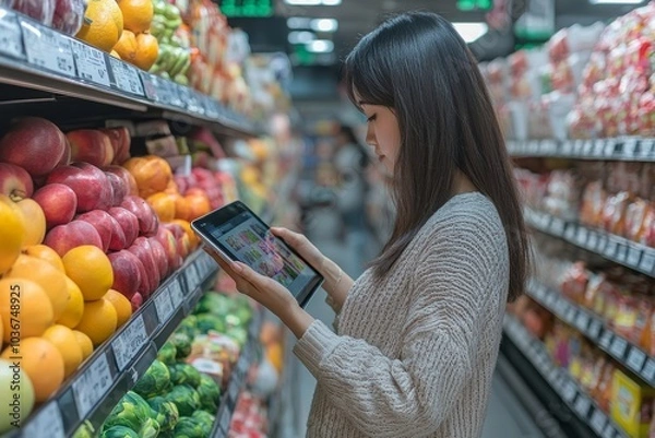 Obraz Shop owner using a digital tablet in her grocery store, Generative AI