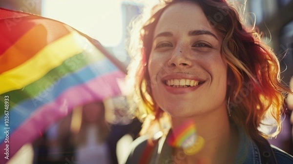 Fototapeta Group of friends celebrating diversity and LGBTQ identity, showcasing support with a rainbow flag during a parade for pride and solidarity
