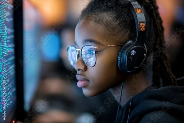 Fototapeta Young black student learning to code in a computer-based learning school, Generative AI