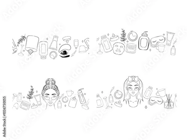 Fototapeta skin care bottles and tools seamless border set.  Isolated vector illustration for your design
