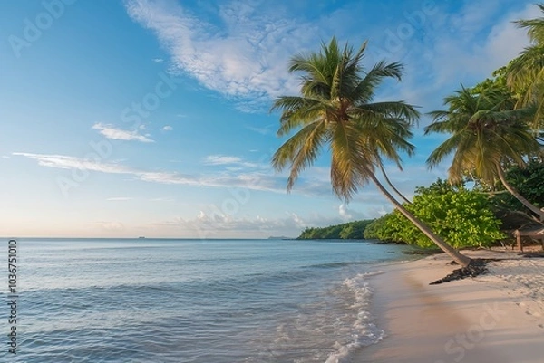 Fototapeta Tropical Beach Paradise: Serene sunrise over a pristine Caribbean beach, palm trees gently swaying in the warm breeze.  Escape to tranquility. 
