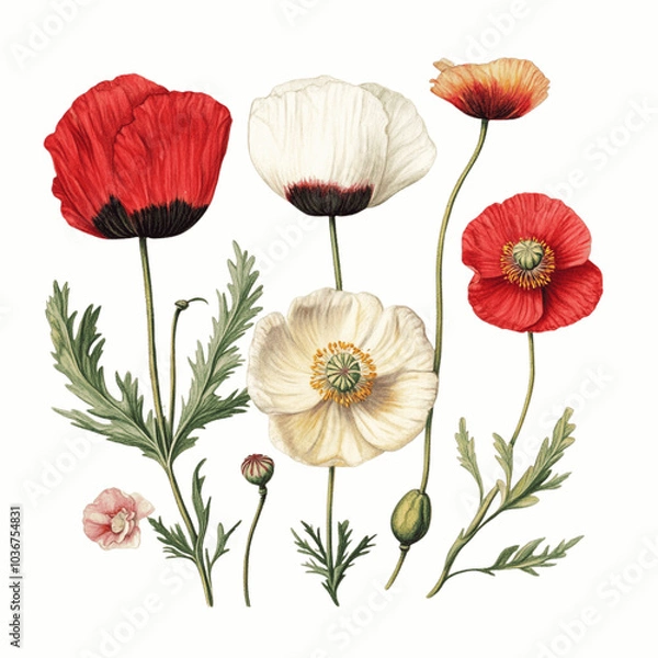 Obraz botanical illustration of opium poppies on white background