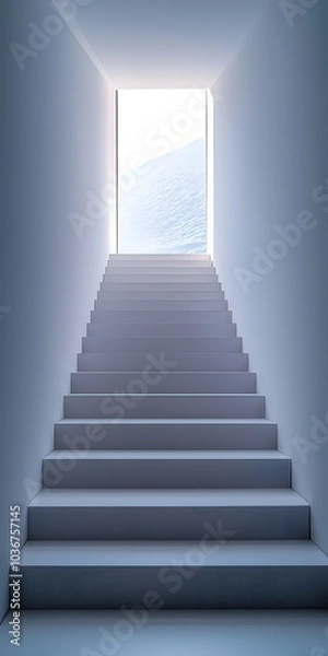 Fototapeta A minimalistic stairway leading to a bright, illuminated door, symbolizing hope and new beginnings in a serene and tranquil setting.