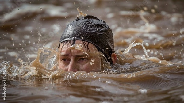 Obraz Swimmer Competes in Muddy Waters During Race