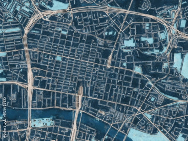 Fototapeta Painterly Style City Map of Glasgow Center, the United Kingdom in a Blue Color Scheme.