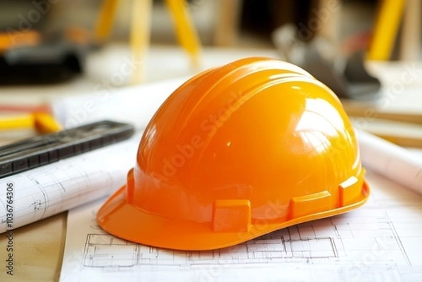 Fototapeta Bright Orange Hard Hat on Construction Blueprints in Workspace