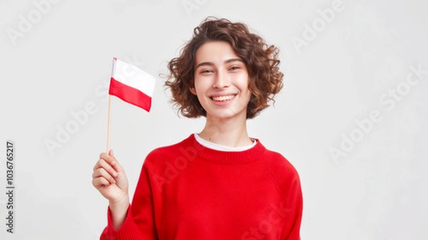 Obraz A curly-haired woman in a bright red sweater holds the white and red flag of Poland in her hands and smiles. The concept of patriotism and pride. Immigration and citizenship. Travel and tourism