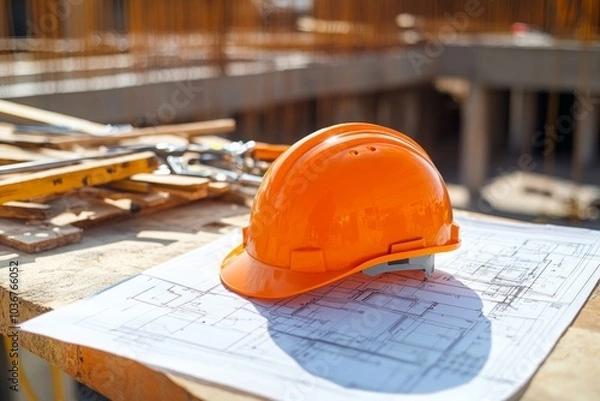 Fototapeta Construction Safety: Orange Helmet and Blueprints on Site