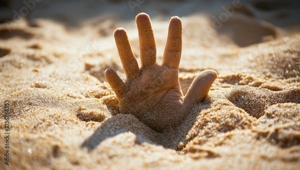 Fototapeta Close-up of a hand sticking out from under sand, symbolizing a call for help or that someone is stuck in quicksand