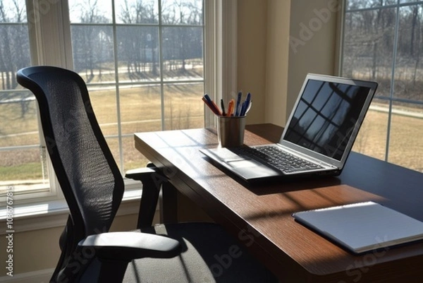 Obraz Sunlit Home Office with Laptop and Stationery on Wooden Desk