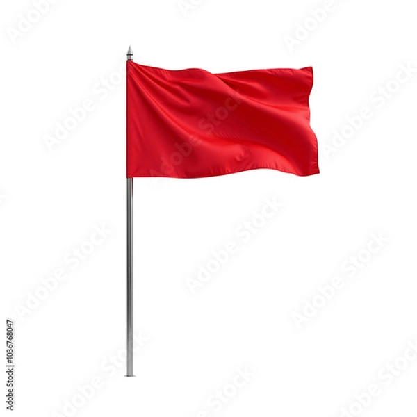 Fototapeta Bright Red Flag Waving on a Silver Pole Against a Plain Background