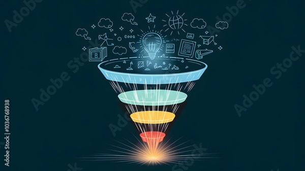 Obraz A funnel shape, glowing with energy, showing the sales funnel process from lead to conversion.
