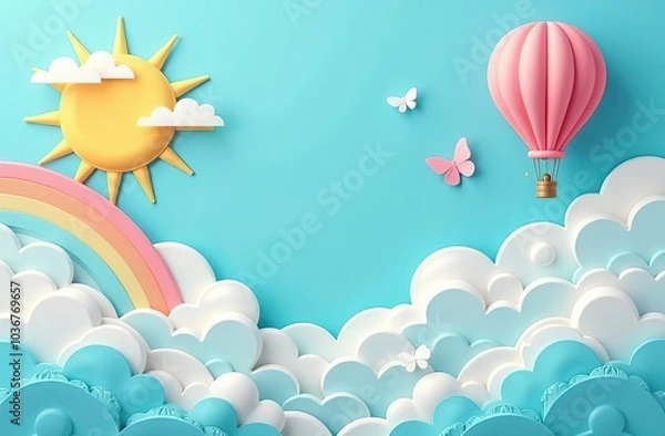 Fototapeta Beautiful fluffy clouds on blue sky background with summer sun, butterfly, hot air balloons and rainbow. Vector illustration. Paper cut style. Place for text 