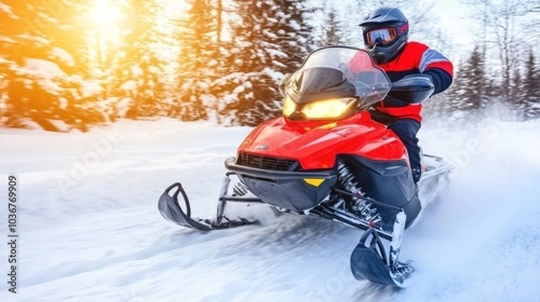 Fototapeta A man is riding a red snowmobile