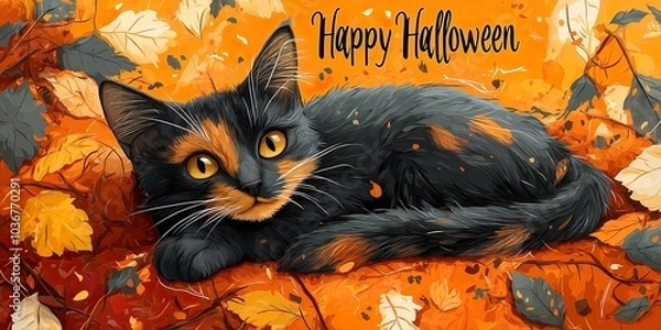 Fototapeta A calico cat wishing Happy Halloween on an autumn day - ai generated