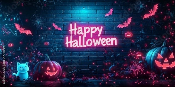 Fototapeta A happy Halloween banner with spooky spiders, black cats and scary pumpkins for the most spooky day of October- ai generated