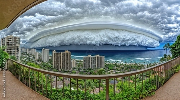 Fototapeta Dark clouds swirl as a hurricane looms over a coastal city, with rising storm surge and strong winds creating dangerous conditions.