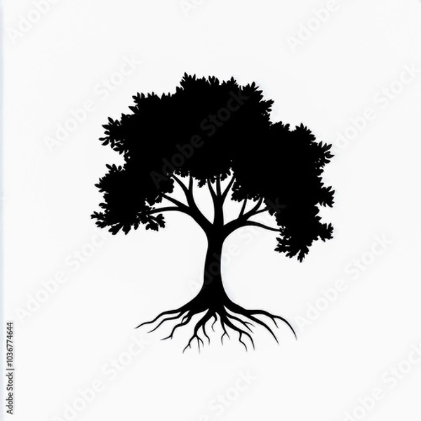 Obraz Black vector silhouette of a tree with roots, on a white background.