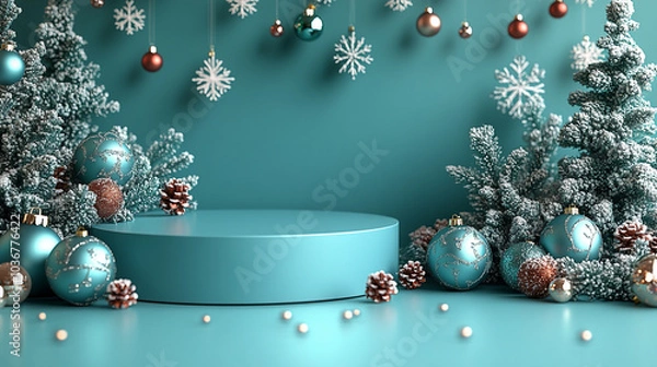 Fototapeta 3D image of a podium with snowflakes and Christmas ornaments in a flat lay arrangement on a teal background.