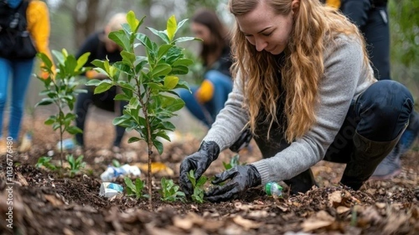 Fototapeta A young woman plants a sapling in a group of volunteers planting trees in a forest.