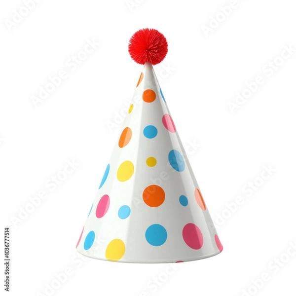 Fototapeta Colorful Party Hat with Polka Dots and Red Pom Pom Topper.