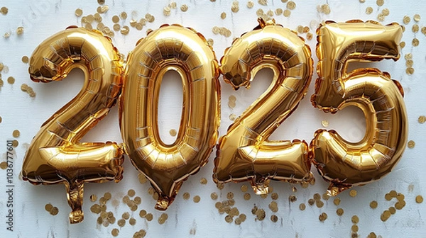 Fototapeta 2025 in balloon letters made of gold foil on a white background