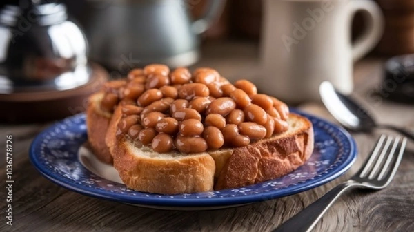 Obraz Toast topped with baked beans arranged on a plate with a fork for serving