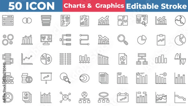 Fototapeta Charts And Graphics icon collection set. Containing Decrease, Gantt Chart, Report, Analytics, Distance, Graph, Magnifying, And More. Editable stroke outline icon.