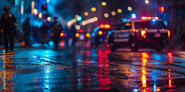 Fototapeta Night time abstracted blurred view of police lights. accident Police investigate night crime scene in the rain with flashing lights ground view