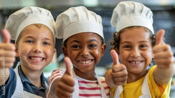 Fototapeta Diverse children joyfully engaging in baking and cooking activities in a kitchen setting