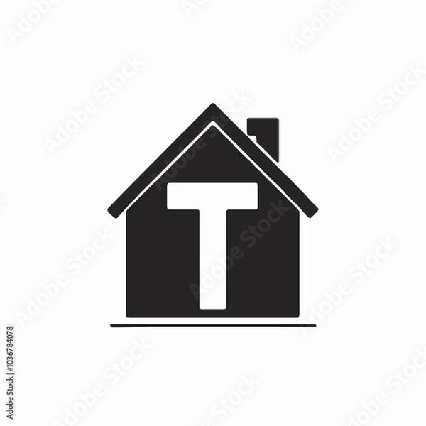 Fototapeta Simple black silhouette logo of a T letters house isolated on a white background, T letters house silhouette Design Vector, 3d house icon, home icon on black background, illustration of a house Logo